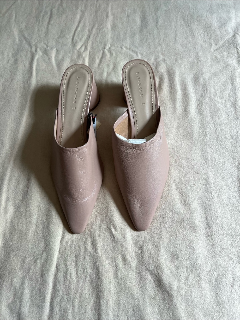Zara Soft Pink Leather Slip-On Block Heel Mules
